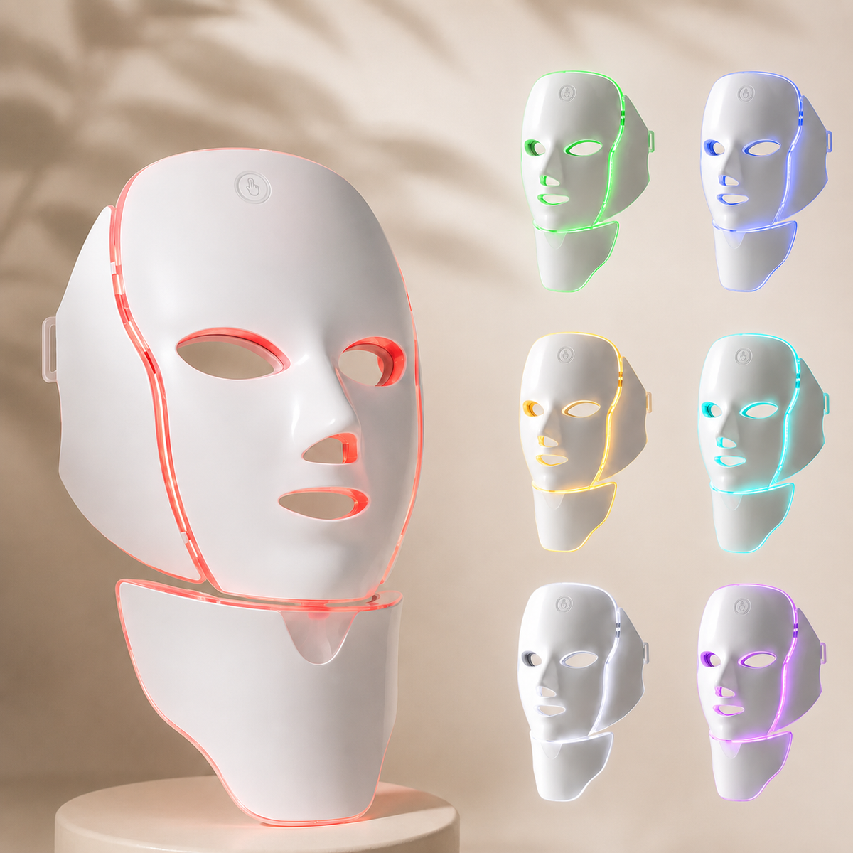 Adreluma LED face and neck mask shown in all seven light modes: red, green, blue, yellow, cyan, white and violet