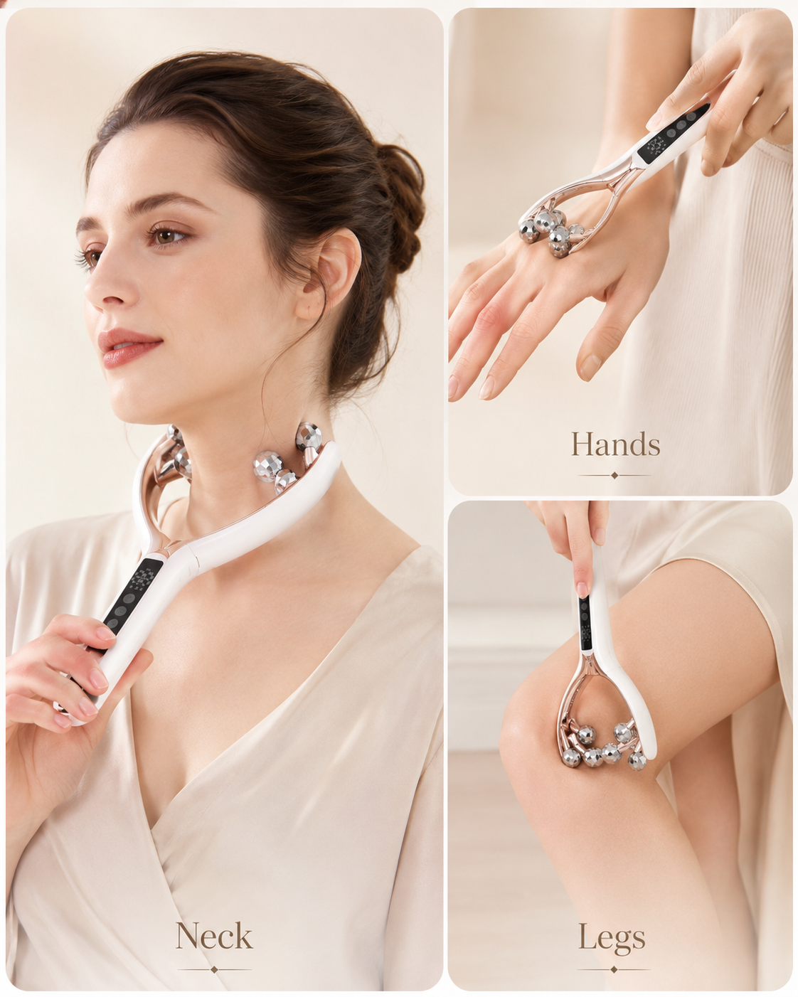 The Adreluma facial sculpting roller used on the neck, the back of the hand and the leg