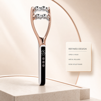 Close-up of the Adreluma facial sculpting roller: open V head, metal rollers and rose gold frame